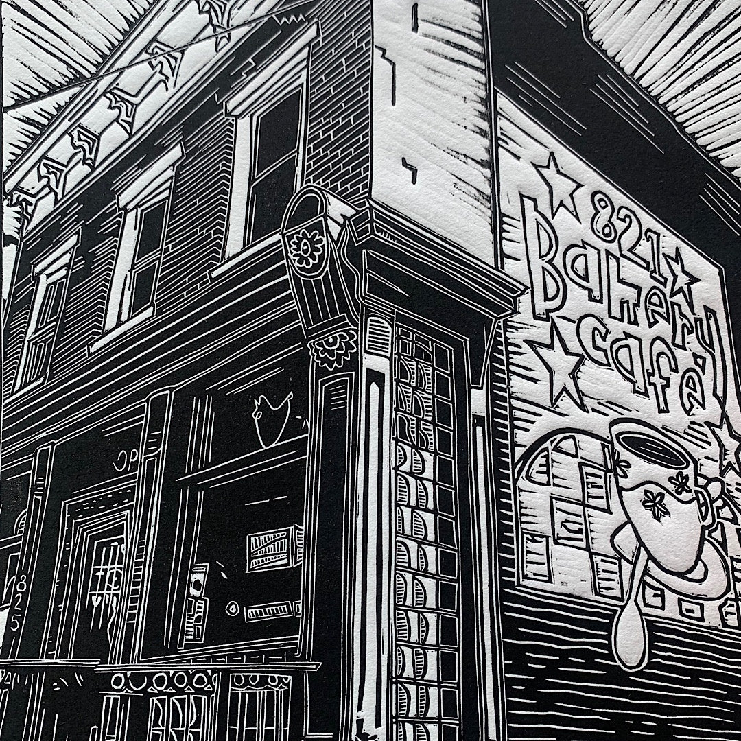 821 Cafe Linocut Print
