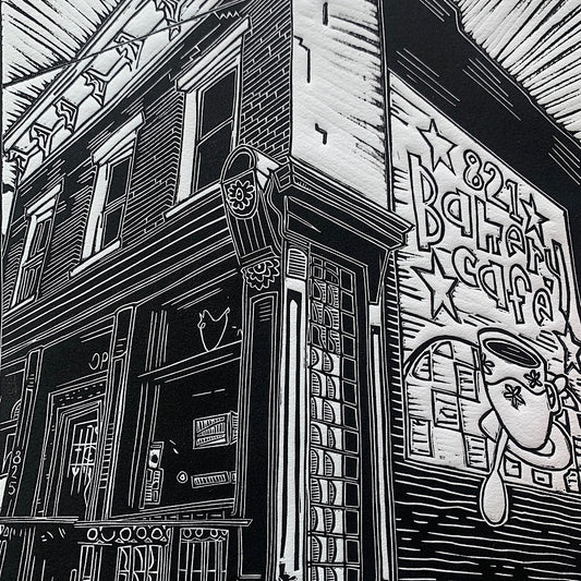 821 Cafe Linocut Print