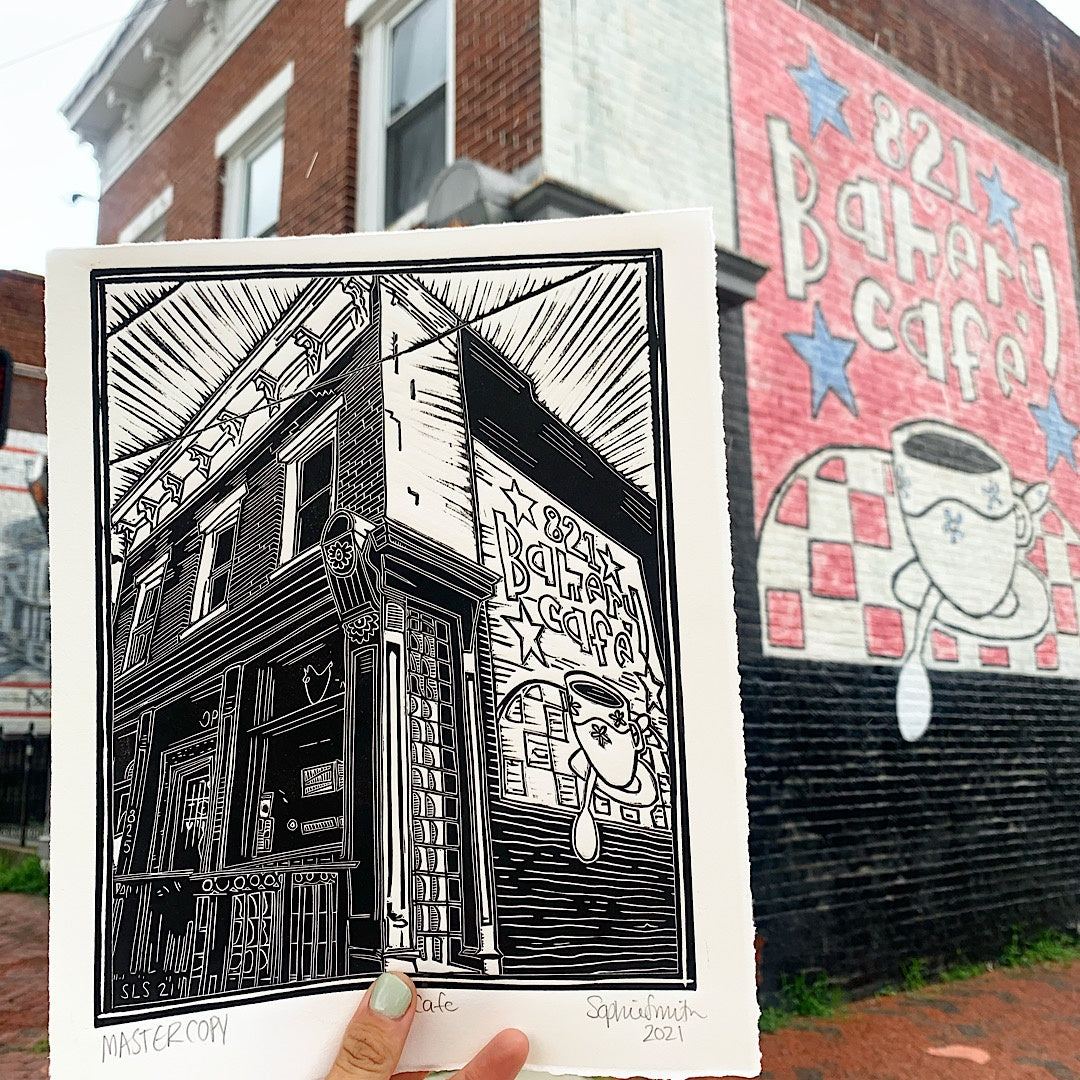 821 Cafe Linocut Print