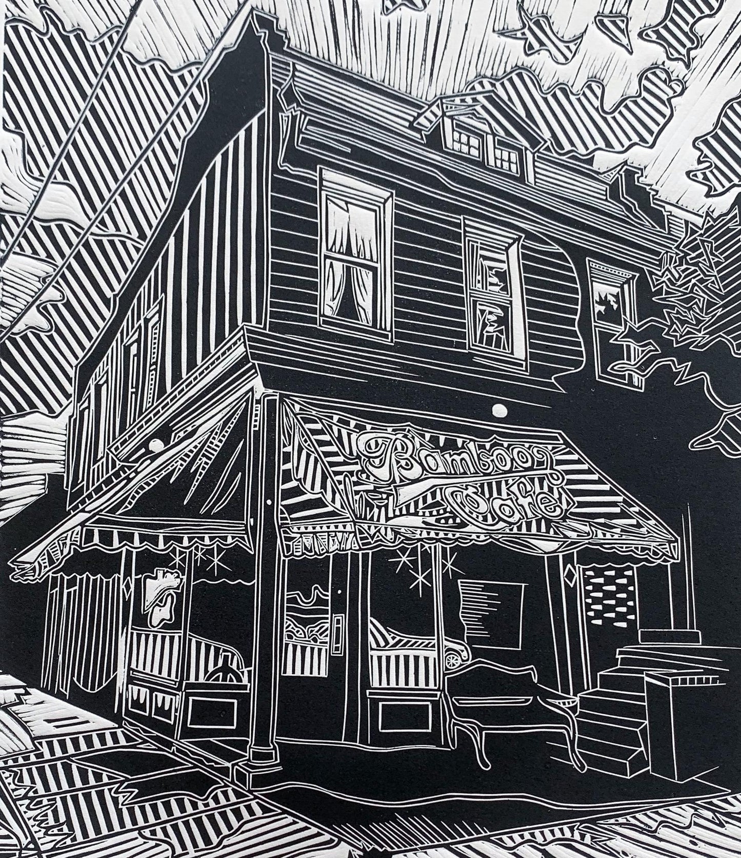 Bamboo Cafe Linocut Print