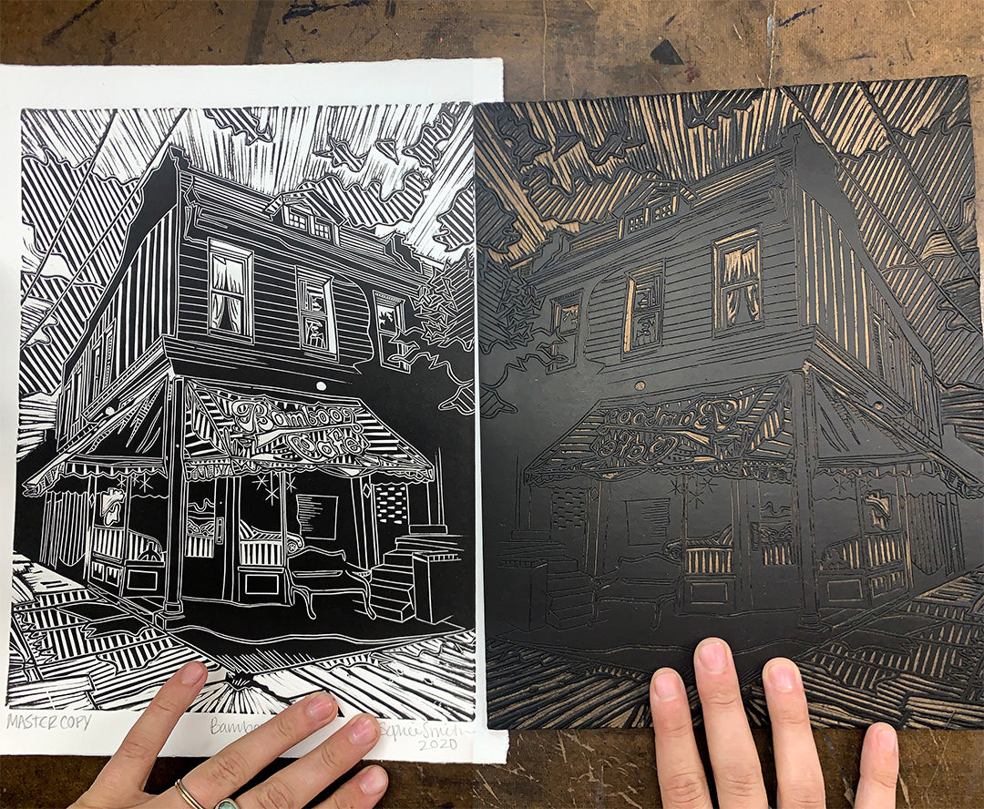 Bamboo Cafe Linocut Print