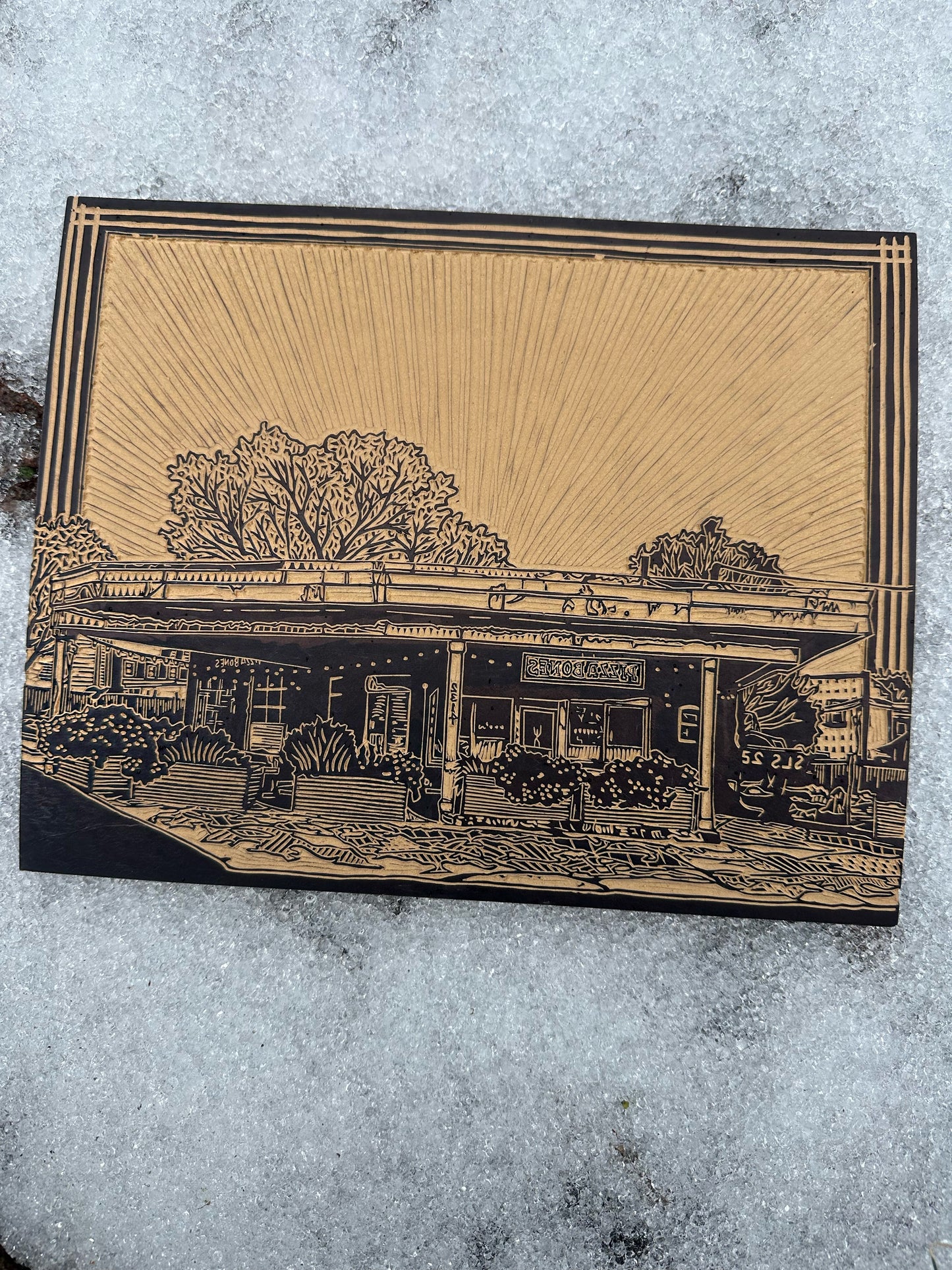 Pizza Bones & Friend Bar Linocut Print