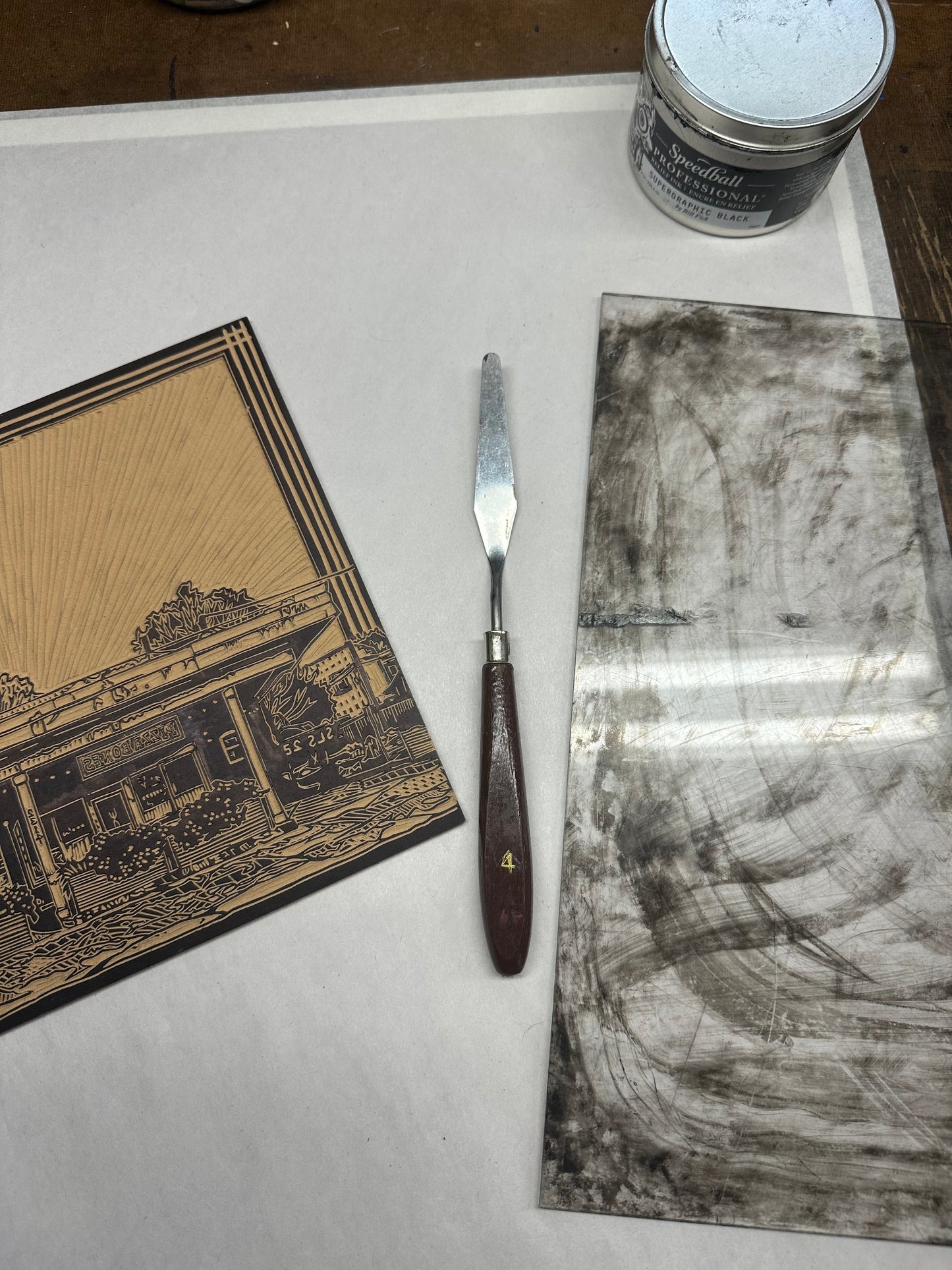 Pizza Bones & Friend Bar Linocut Print