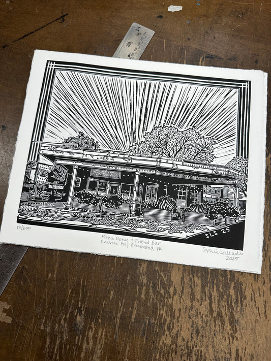 Pizza Bones & Friend Bar Linocut Print