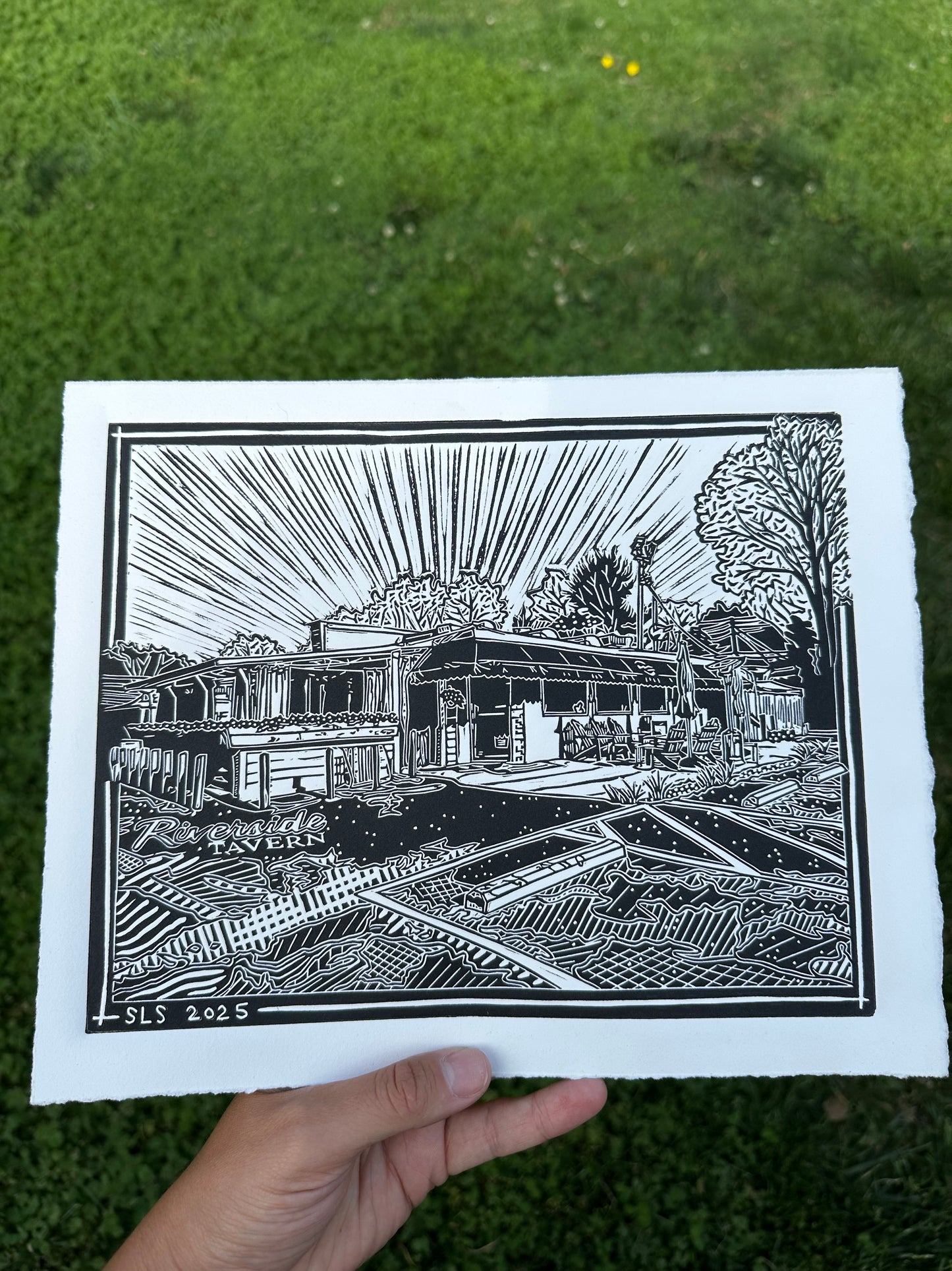 Riverside Tavern Linocut Print