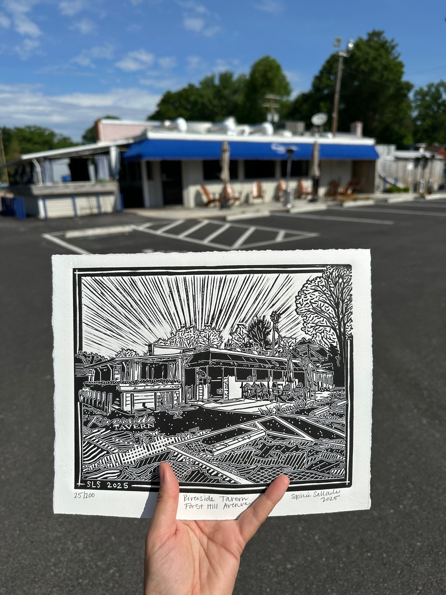 Riverside Tavern Linocut Print