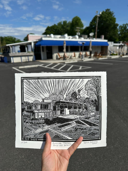 Riverside Tavern Linocut Print