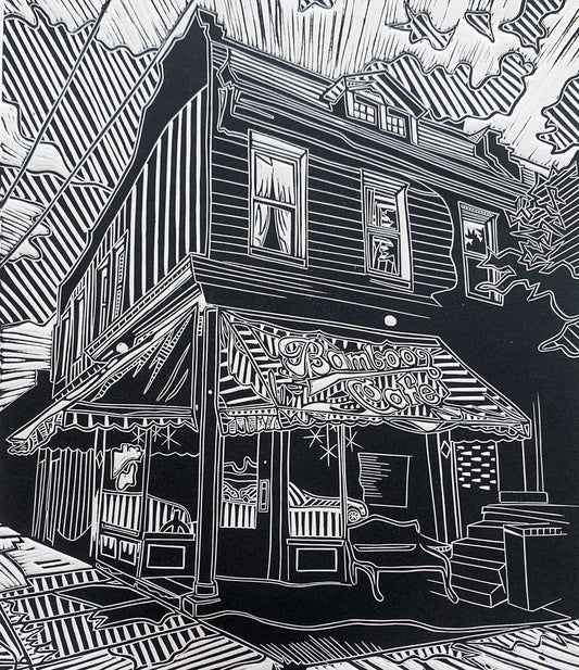 Bamboo Cafe Linocut Print