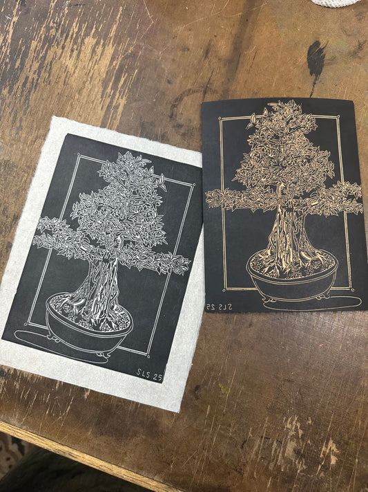 Bonsai Tree Linocut Print (ficus)