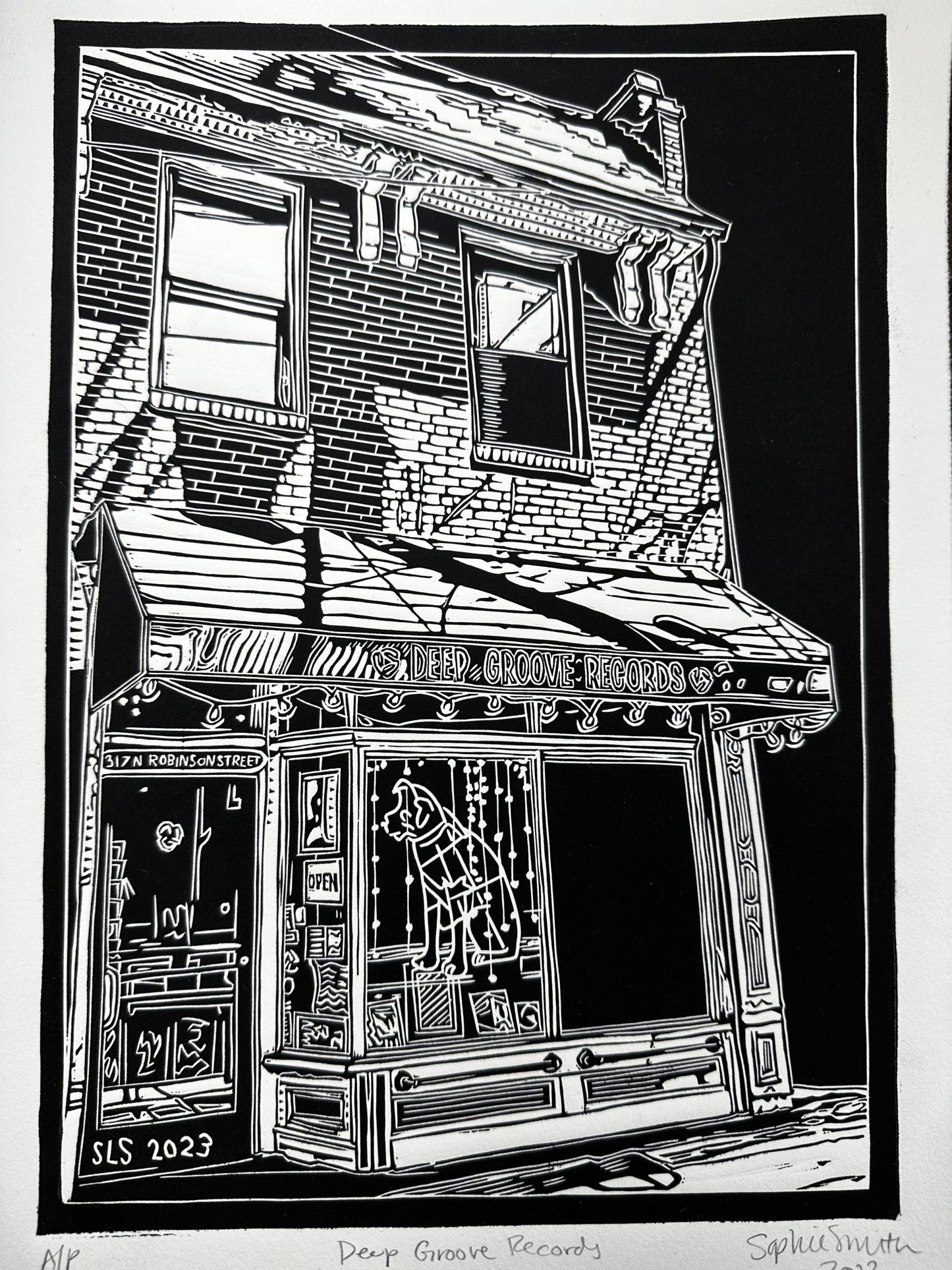 Deep Grooves Record Store Linocut Print