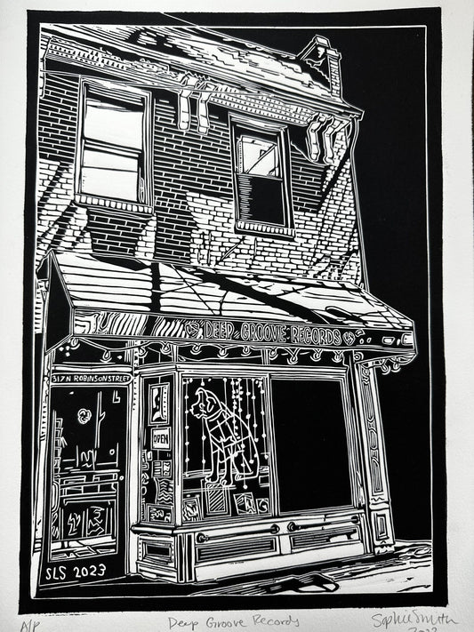 Deep Grooves Record Store Linocut Print