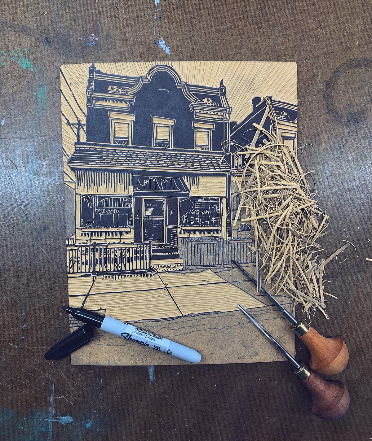 Helen's Restaurant Linocut Print