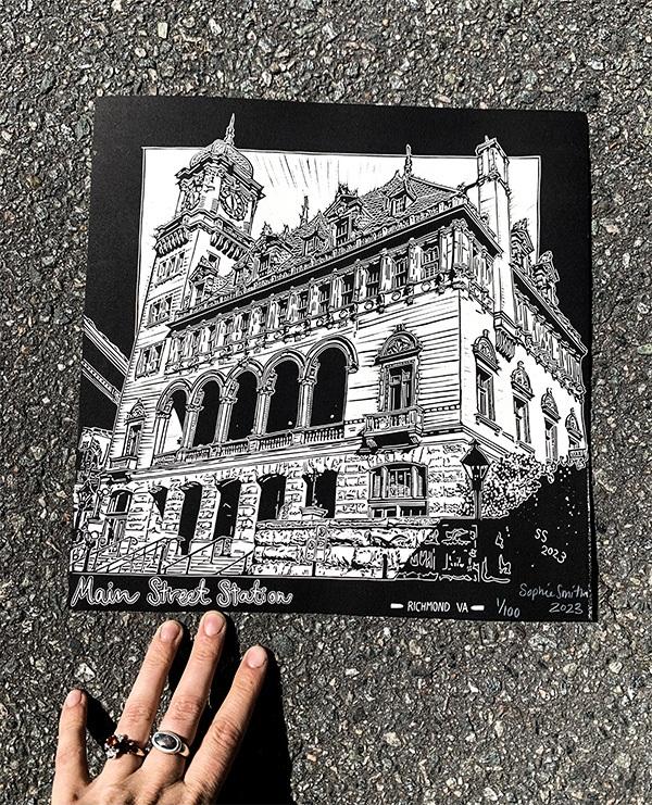 Main Street Station Linocut