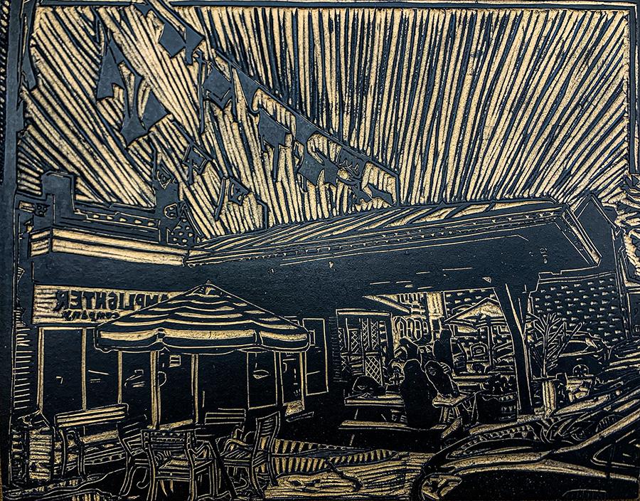 Lamplighter on Addison Linocut Print