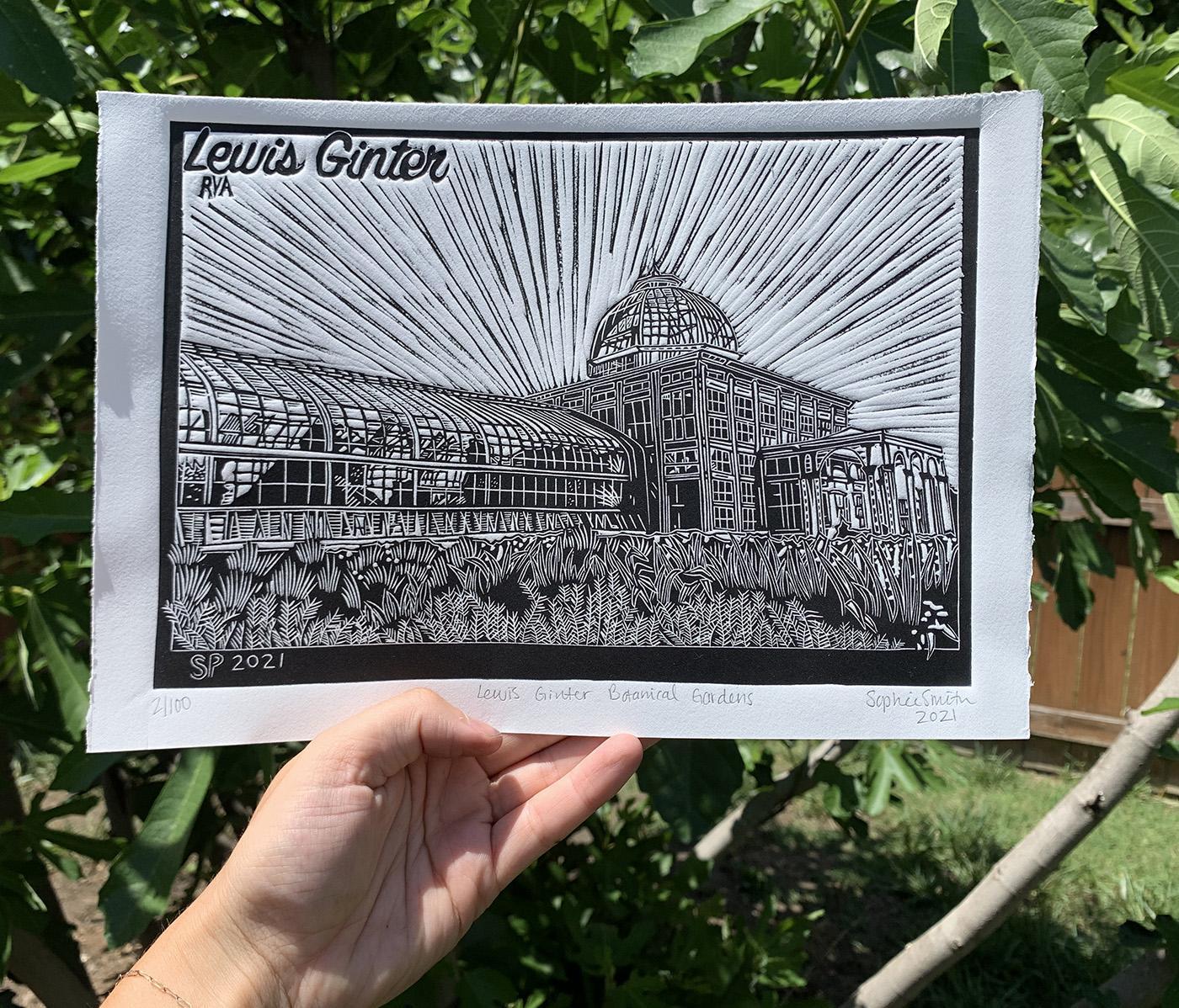 Lewis Ginter Botanical Gardens Linocut Print