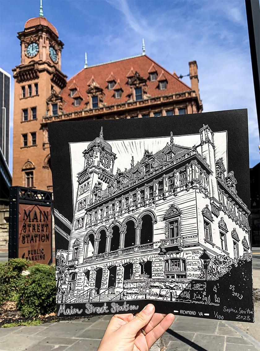 Main Street Station Linocut