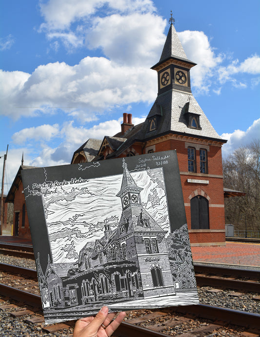 Point of Rocks Train Station Linocut Print